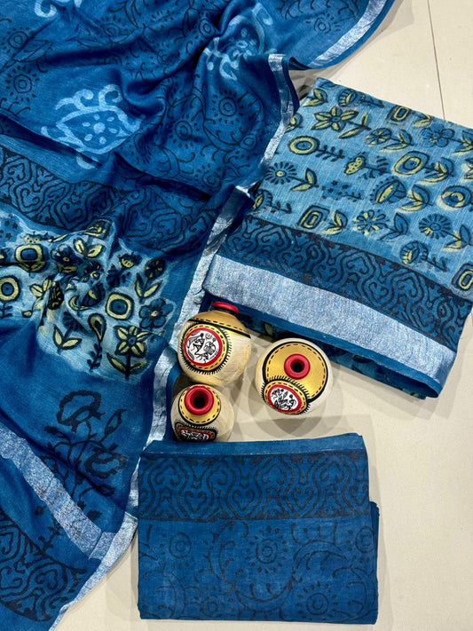 Exclusive Hand Block Linen Suit With Linen Dupatta(VkLS16)