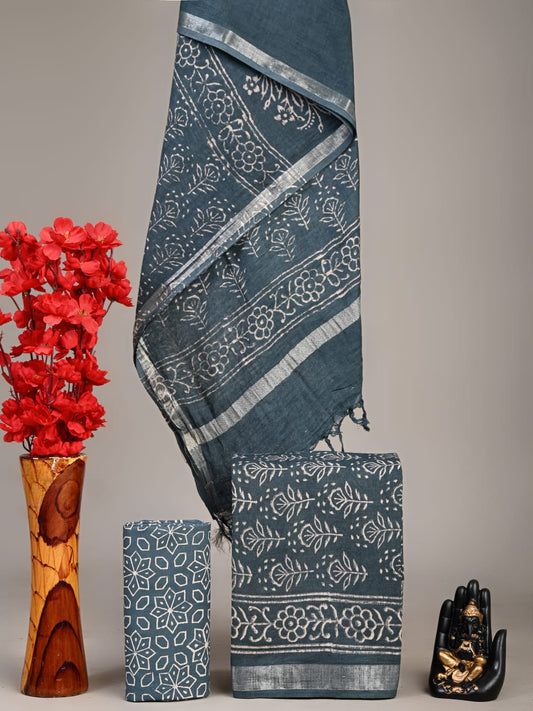 Exclusive Hand Block Linen Suit With Linen Dupatta(VkLS13)