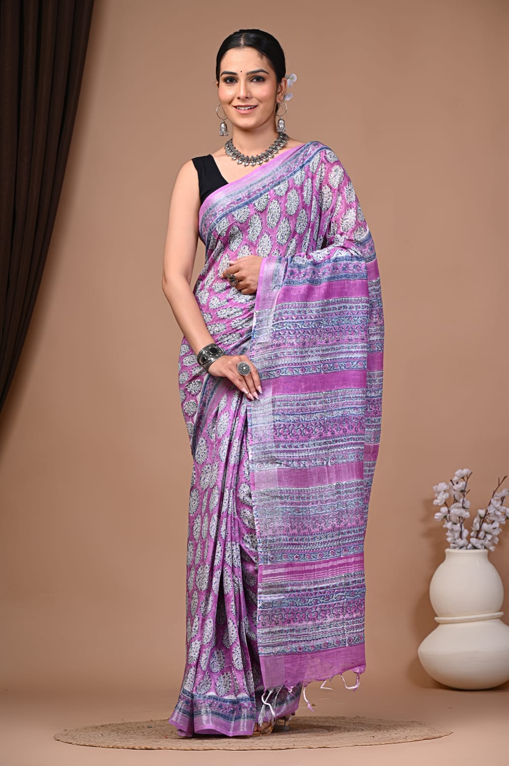 Exclusive Hand Block Linen Saree (VKLS25)