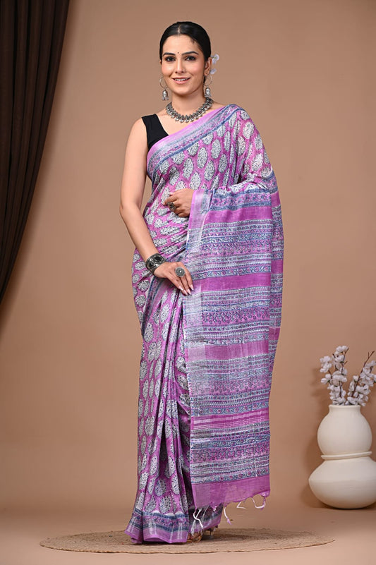Exclusive Hand Block Linen Saree (VKLS25)