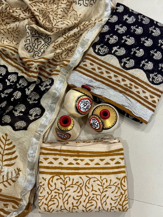 Exclusive Hand Block Linen Suit With Linen Dupatta(VkLS78)