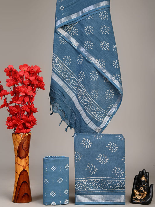 Exclusive Hand Block Linen Suit With Linen Dupatta(VkLS12)