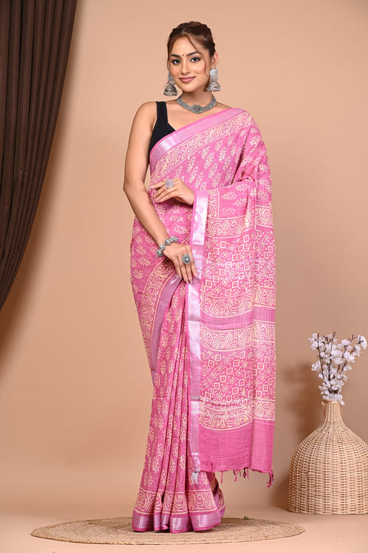 Exclusive Hand Block Linen Saree (VKLS24)