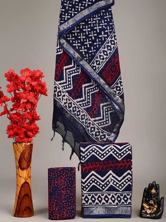 Exclusive Hand Block Linen Suit With Linen Dupatta(VkLS42)