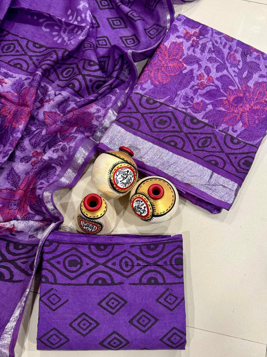 Exclusive Hand Block Linen Suit With Linen Dupatta(VkLS20)