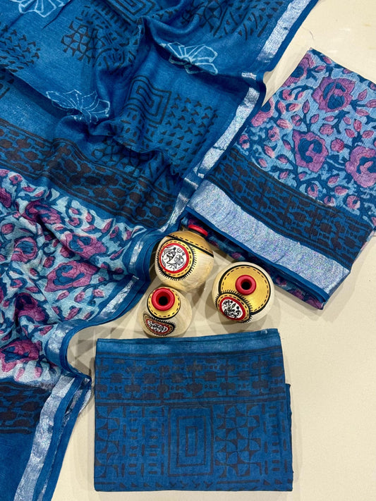 Exclusive Hand Block Linen Suit With Linen Dupatta(VkLS34)