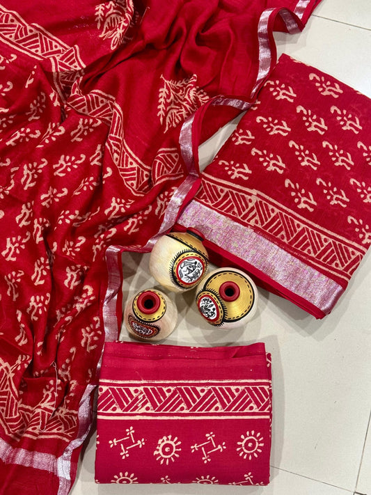 Exclusive Hand Block Linen Suit With Linen  Dupatta(VkLS08)