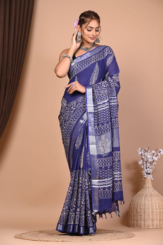 Exclusive Hand Block Linen Saree (VKLS18)