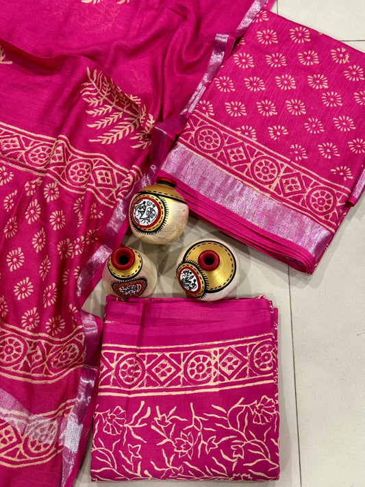 Exclusive Hand Block Linen Suit With Linen  Dupatta(VkLS11)