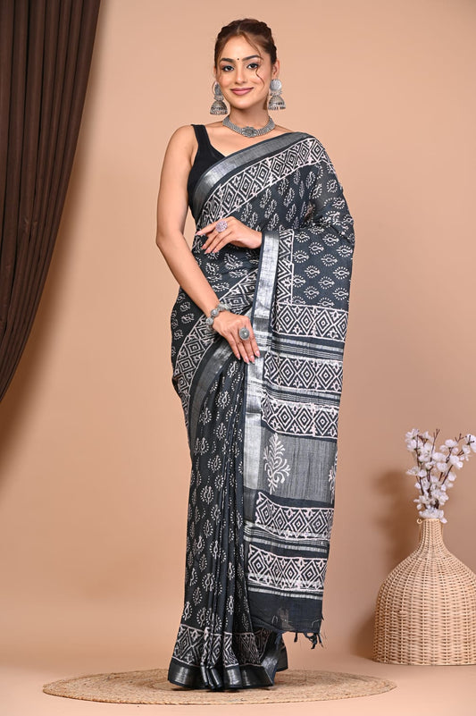 Exclusive Hand Block Linen Saree (VKLS23)