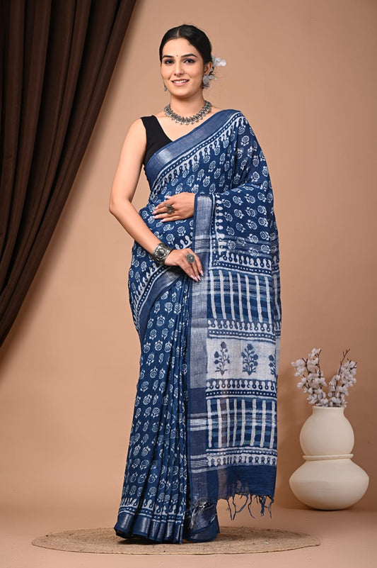 Exclusive Hand Block Linen Saree (VKLS07)