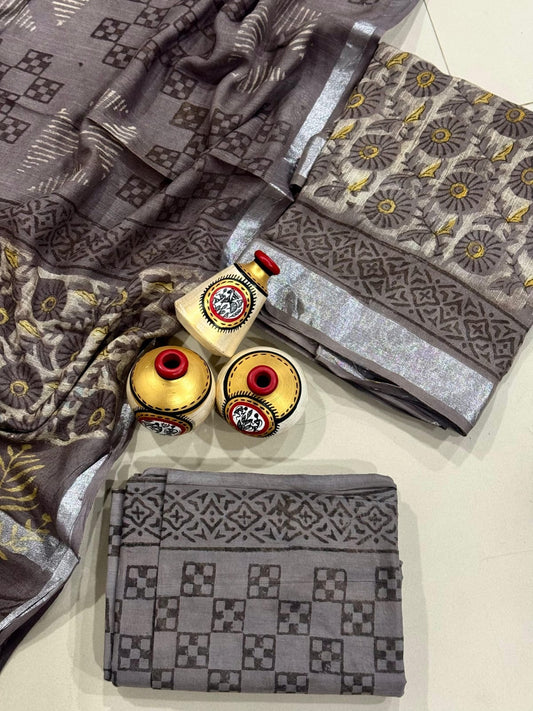 Exclusive Hand Block Linen Suit With Linen Dupatta(VkLS29)