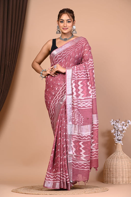 Exclusive Hand Block Linen Saree (VKLS20)
