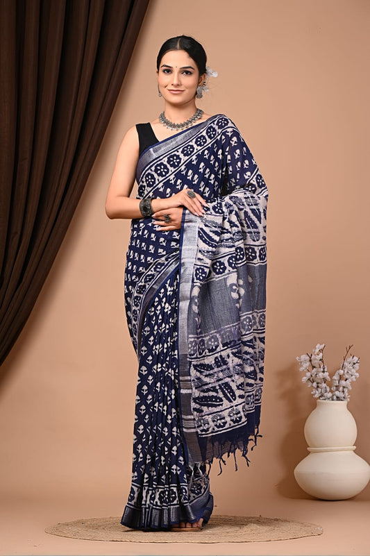 Exclusive Hand Block Linen Saree (VKLS09)