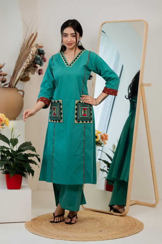 *Pure natural cotton 60-60 kurta collar neck with beautiful pent set*