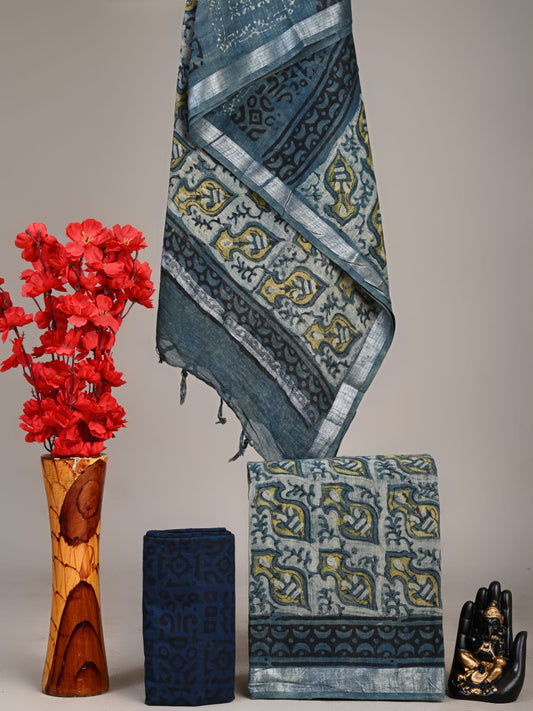 Exclusive Hand Block Linen Suit With Linen Dupatta(VkLS47)