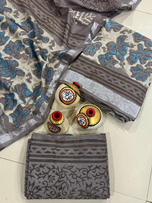 Exclusive Hand Block Linen Suit With Linen Dupatta(VkLS32)