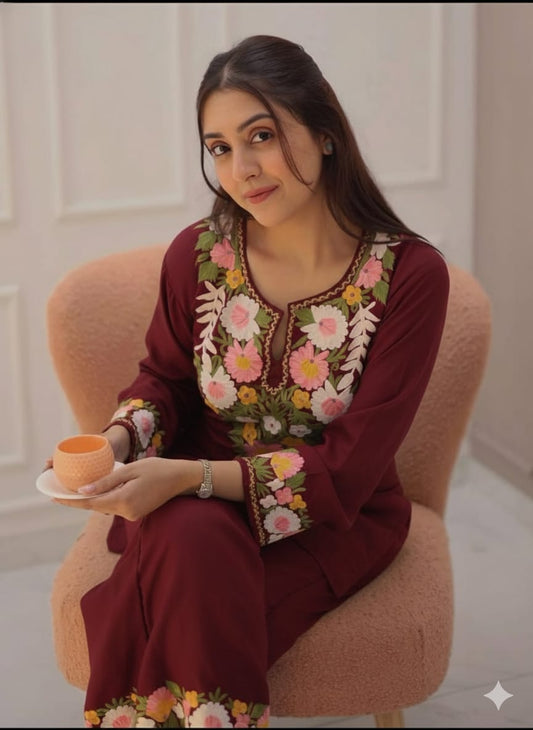 Rest and red Embroidered Co-ord Set crafted from premium pure cotton.