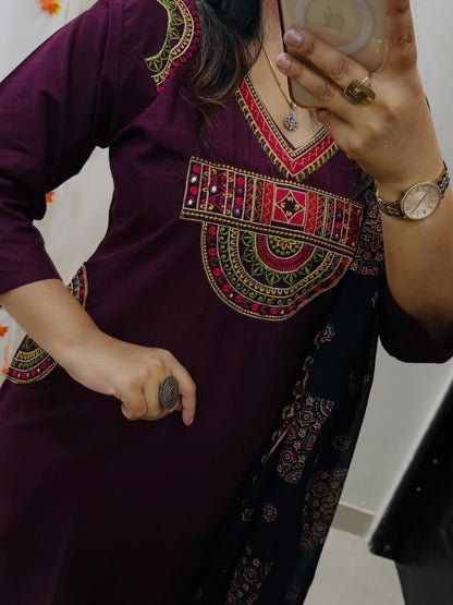 EMBROIDERED COTTON KURTI PANT WITH DUPATTA SUIT SET