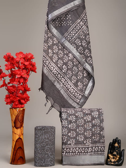 Exclusive Hand Block Linen Suit With Linen Dupatta(VkLS43)