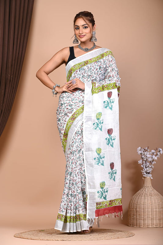 Exclusive Hand Block Linen Saree (VKLS11)