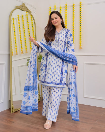 This season, let your wardrobe bloom with sophistication.our finely tailored cotton shuts features  an *embroidery work and lacework on nack .* artistically crafted short kurta with intricate floral moti