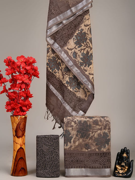 Exclusive Hand Block Linen Suit With Linen Dupatta(VkLS52)